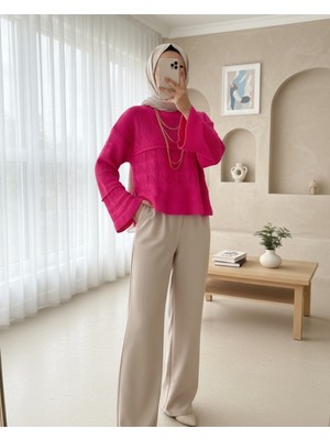 Moda Morfo Ajurlu Ponponlu Uzun Kol Triko Kazak -Fuşya