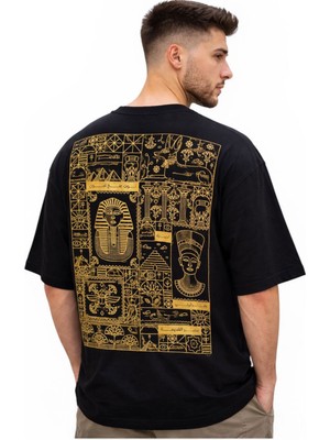 Zueofficial Erkek Siyah Oversize Bisiklet Yaka Piramit Baskılı %100 Pamuklu T-Shirt