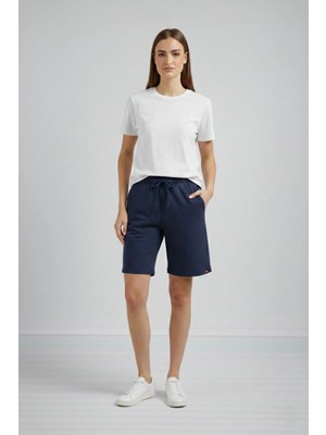 Pileli Store Kadın Otoban Dokuma Kumaş Beli Lastikli, Cepli, Yazlık Şort - Lacivert