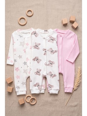 Noone Pamuklu Nervürlü Boydan Çıtçıtlı 3'lü Bebek Zıbın Tulum Seti Yıldız Ayı Pembe