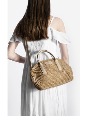 Marjin Kadın El Örgüsü Çift Fermuar Kapama El ve Omuz Çantası Soper Bej Hasır