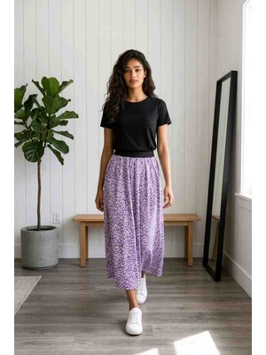 BBS Kadın Mor Çiçek Desenli Beli Lastikli Uzun Etek - Rahat Kesim