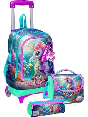 High Çekçek Tekerlekli Kız Çocuk, Su Yeşili Denizatı, Ilkokul Üçlü Okul Çanta Seti
