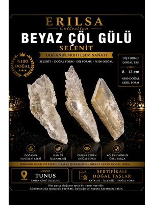 Erilsa Sertifikalı Beyaz Çöl Gülü Selenit Taşı Kütle - Cüzdan Taşı 2-3 cm Doğal Ham Kristal Bereket Taşı