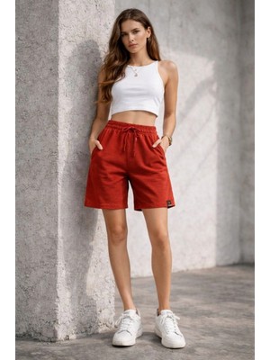 Pileli Store Kadın Otoban Dokuma Kumaş Beli Lastikli, Cepli, Yazlık Şort - Turuncu