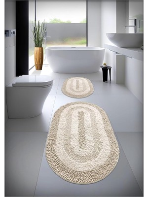 Pamuk El Tafting Banyo Halısı Cottonway 2'li Set Bej Oval Desen 60X100-60X50