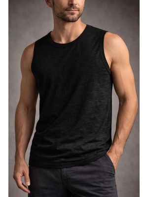 Pileli Store Erkek Flamlı Kumaş Kolsuz Atlet Günlük Fitness Spor T-Shirt - Siyah