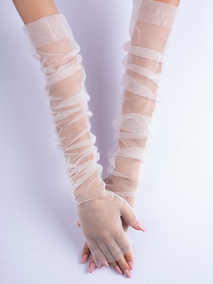 Sed da Exclusive Kırık Beyaz  Uzun Tül   Kesik   Parmak   Eldiven,   Parmaksız   Tül   Eldiven