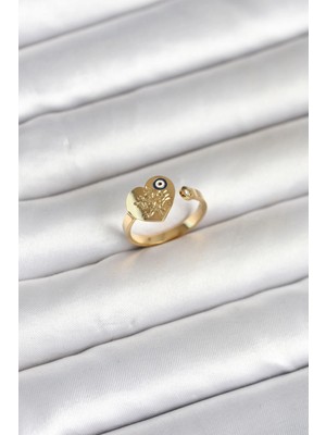 TKÇ Mey Ithalat® 316L Çelik Gold Renk Nazar Detaylı Kalp Model Kadın Yüzük