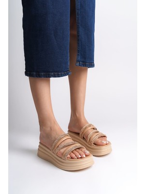 Zapatos Elıse Düz Topuklu Şeritli Taşlı Kalın ve Ortopedik Taban Kadın Terlik  Ctt - Ten