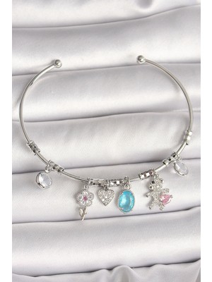 Uravas Store Pirinç Gümüş Renk Sallantı Zirkon Taşlı Ayıcık Figür Çiçek Detay Charm Kadın Bileklik