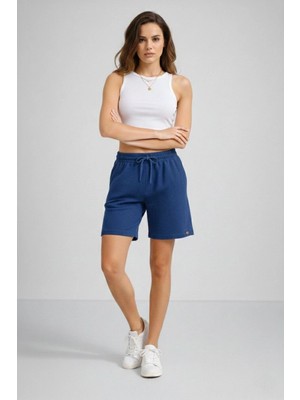 Pileli Store Kadın Dokuma Otoban Şort Beli Lastikli Bağcıklı Cepli Kesim Şort - Indigo