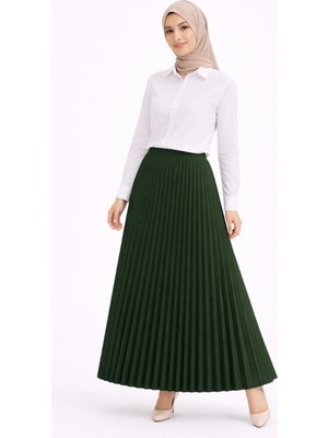 Pileli Store Tesettür Beyaz Gömlekli Pliseli Etek Ikili Takım Gündelik ve Ofis Şıklığı - Çağla Yeşili