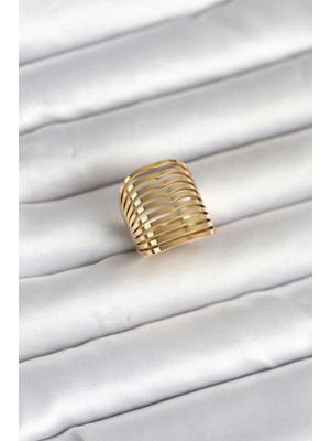 TKÇ Mey Ithalat® 316L Çelik Gold Renk Plaka Model Kadın Yüzük