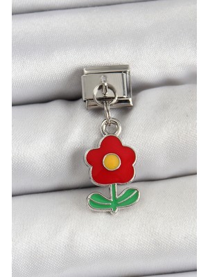 Uravas Store Çelik Sallantılı Kırmızı Papatya Model Gümüş Renk Nomination Charm