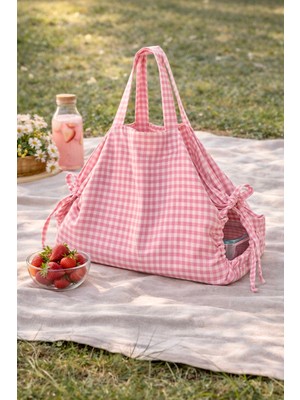 Yuvol Ayarlanabilir Bağcıklı Piknik Borcam Taşıma Çantası, Çift Katlı Kırmızı Pötikareli 50X80CM