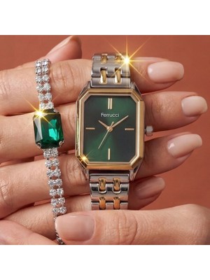 Ferrucci Bileklik Hediyeli Altın/metalik Yeşil Kadran Kadın Kol Saati 29 mm Dikdörtgen Kasa 2 Yıl Garantili