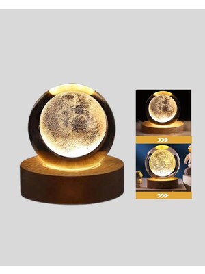 Uravas Store Ay Figürlü 3D Kristal Küre LED Gece Lambası Ahşap Standlı Dekoratif Lamba