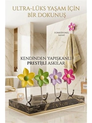 Calperia 4'lü Dekoratif Çiçekli Askı Seti - Banyo Askısı Mutfak Askısı Sanatsal Organizasyon 723058