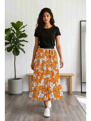 BBS Kadın Turuncu Çiçek Desenli Beli Lastikli Uzun Etek - Rahat Kesim