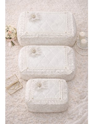 Hig Store 3'lü Gelindamat Figür Fransız Güpür Çeyizlik Bohça Söz Nişan Gelin Damat Hurç Seti 60X40/50X40/40X30