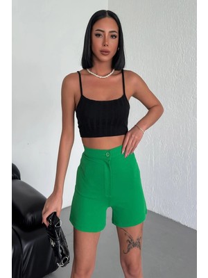 Uravas Store Tarz Rahatlığı Bir Arada Sunan Yüksek Bel Esnek Likralı Krep Şort Yeşil