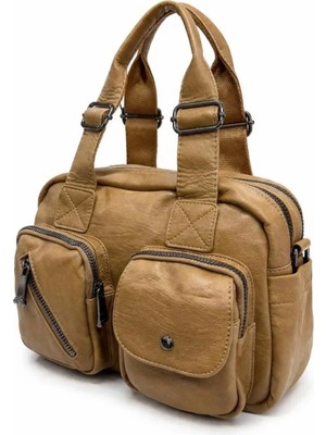 Çok Fonksiyonlu Dış Cepli Yıkama Deri Görünümlü Kadın Sırt ve Omuz Çantası