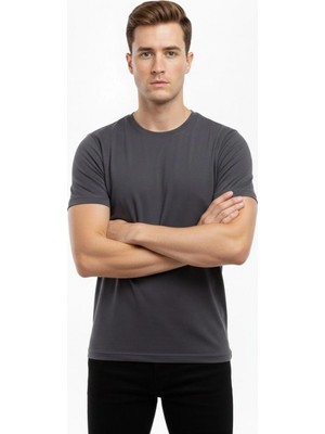 Pileli Store Erkek Bisiklet Yaka Slim Fit Dar Kesim Likralı Tişört - Füme