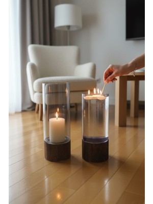 Lussart Collection 2 Li Takım Ahşap Ayaklı Iskandinav Tarzı Cam Silindir Mumluk - Vazo (12X33,5CM - 12X29,5CM)