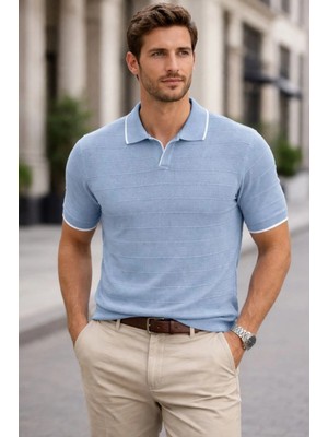 Pileli Store Erkek Fitilli Yazlık Triko Tişört Düğmesiz Polo Yaka Kısa Kol T-Shirt - Bebek Mavisi