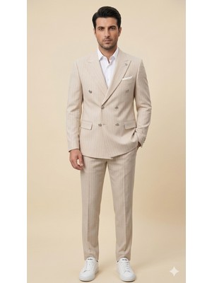 Atk Giyim Erkek Slim-Fit Çizgili Kruvaze Takım Elbise - Modern Kesim Ceket Pantolon