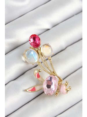 Uravas Store Zirkon Taşlı Balonlu Pembe Tavşan Figürlü Gold Renk Kadın Broş
