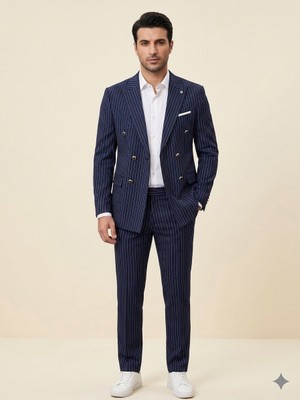 Atk Giyim Erkek Slim-Fit Çizgili Kruvaze Takım Elbise - Modern Kesim Ceket Pantolon