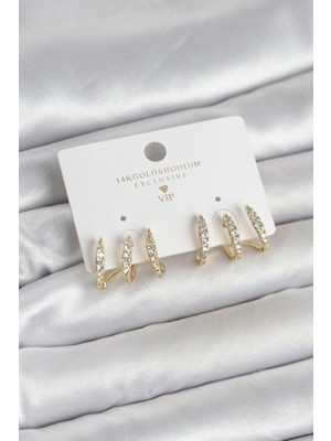 Uravas Store Gold Renk Pirinç Zirkon Taşlı Kadın Küpe