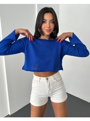 Moda Morfo Kayık Yaka Triko Crop -Saks
