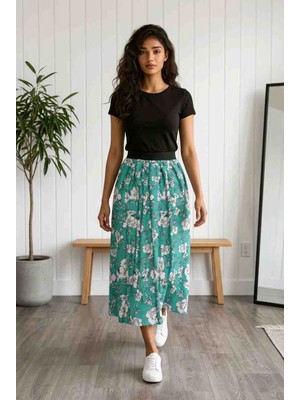 BBS Kadın Şu Yeşili Çiçek Desenli Beli Lastikli Uzun Etek - Rahat Kesim