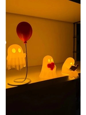 Calperia Housetrend 3'lü Set Beyaz LED Hayalet Biblo, Dekoratif Masa Üstü Lamba, Okuyan-Kalpli-Balonlu Tasarım