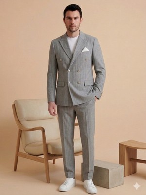Atk Giyim Erkek Slim-Fit Çizgili Kruvaze Takım Elbise - Modern Kesim Ceket Pantolon