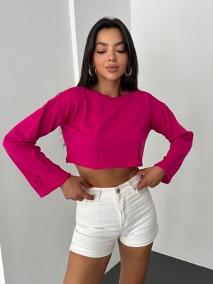 Moda Morfo Kayık Yaka Triko Crop -Fuşya