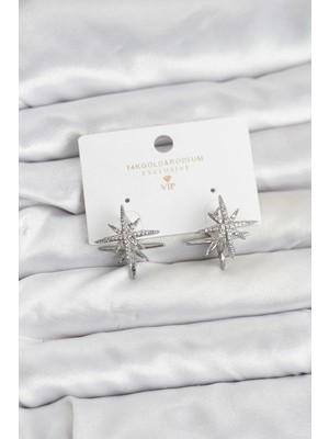 Uravas Store Gümüş Renk Pirinç Çift Taraflı Kutup Yıldızı Kadın Küpe