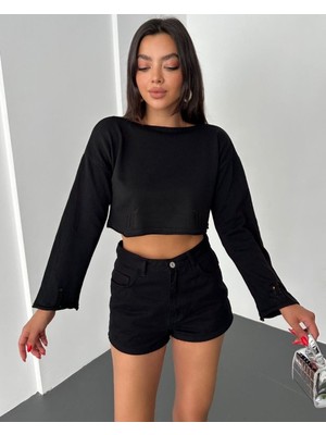 Moda Morfo Kayık Yaka Triko Crop -Siyah