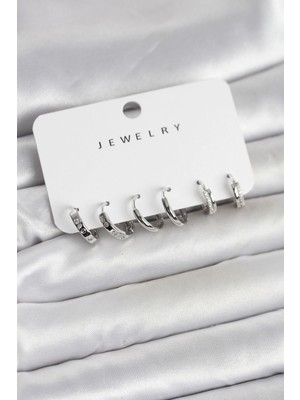 Uravas Store Gümüş Renk Pirinç 3 Çift Kadın Küpe Seti