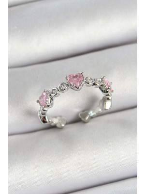 Elif Asya Ceyiz Tekstil Pirinç Sıralı Kalp Figürlü Zirkon Taşlı Gümüş Renk Ayarlanabilir Kadın Yüzük