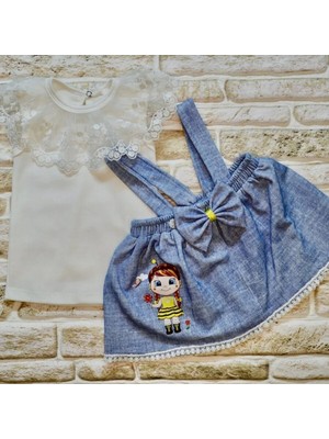 Uravas Store 1-2-3 Yaş Bayan Arı Nakışlı Kot Desenli Etek Pamuklu Kumaş 2li Kız Bebek Spet Takımı Mi