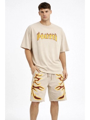 Pileli Store Erkek Oversize Baskılı Tişört Cepli Şort Ikili Takım Kombin - Bej