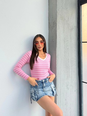 Uravas Store V Yaka Çizgili Bluz Pembe