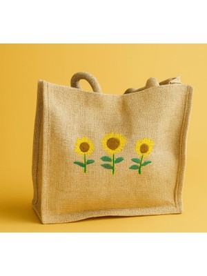 Ayçiçeği Nakışlı Naturel Jüt Omuz Çantası Tote Bag