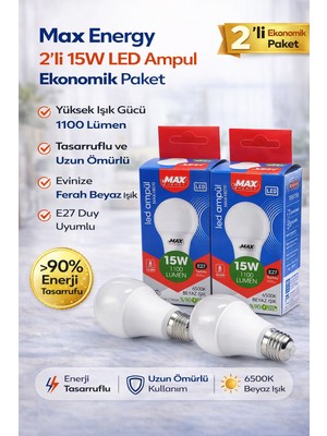 Ugrx Max Energy 15W LED Ampul E27 Duy 6500K Beyaz Işık 1100 Lümen Tasarruflu Ampul 2 Adet