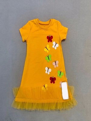 Uravas Store 1-2-3 Yaş Renkli Kelebekler Nakışlı Eteği Fırfırlı Jile Çuk Elbisesi Tcu