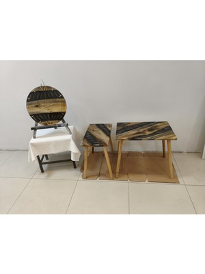 Simeranya Dekor Ceviz Ağacı ve Buğday Başağı Epoksi Sehpa ve Duvar Saati Seti